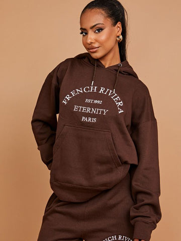 Embroidered French Riviera Hooded Fleece Co-ord In Chocolate