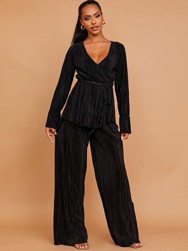 Pleated Wrap Front Peplum Top & Trouser Co-ord In Black