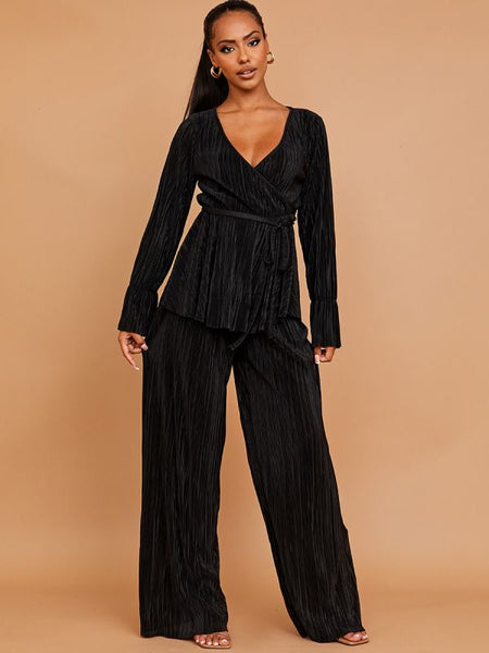 Pleated Wrap Front Peplum Top & Trouser Co-ord In Black