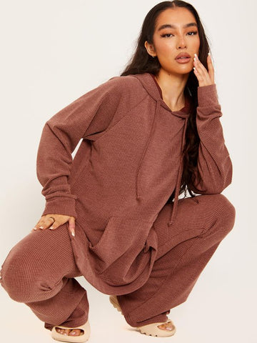 Ribbed Hooded Top & Flared Trouser Co-ord In Chocolate