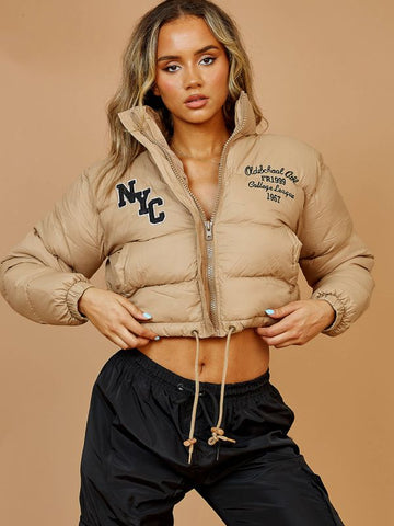NYC Embroidered Cropped Puffer Jacket In Stone