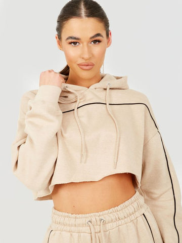 Piping Detail Cropped Hoodie & Jogger Co-ord In Stone