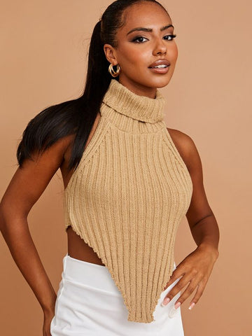 Halter Roll Neck Asymmetric Hem Knitted Crop Top In Stone