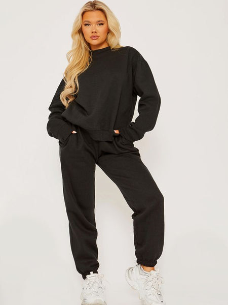 Oversized Plain Sweatshirt & Jogger Fleeced Co-ord In Black