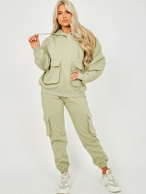 Utility Pocket Hooded Top & Trouser Fleece Co-ord In Green
