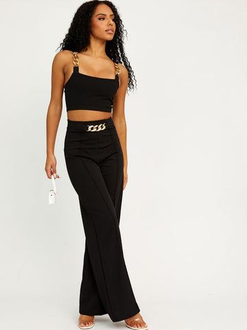 Chain Detail Crop Top & Trouser Co-ord In Black