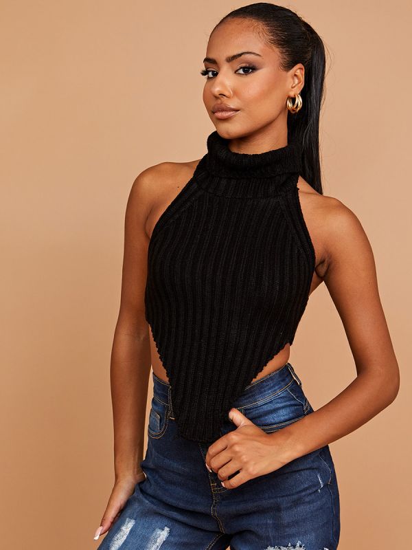 Halter Roll Neck Asymmetric Hem Knitted Crop Top In Black
