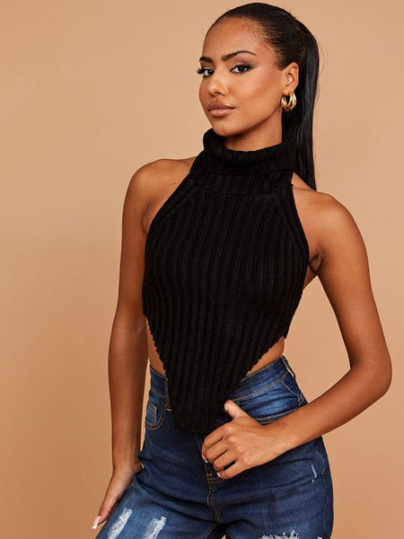 Halter Roll Neck Asymmetric Hem Knitted Crop Top In Black