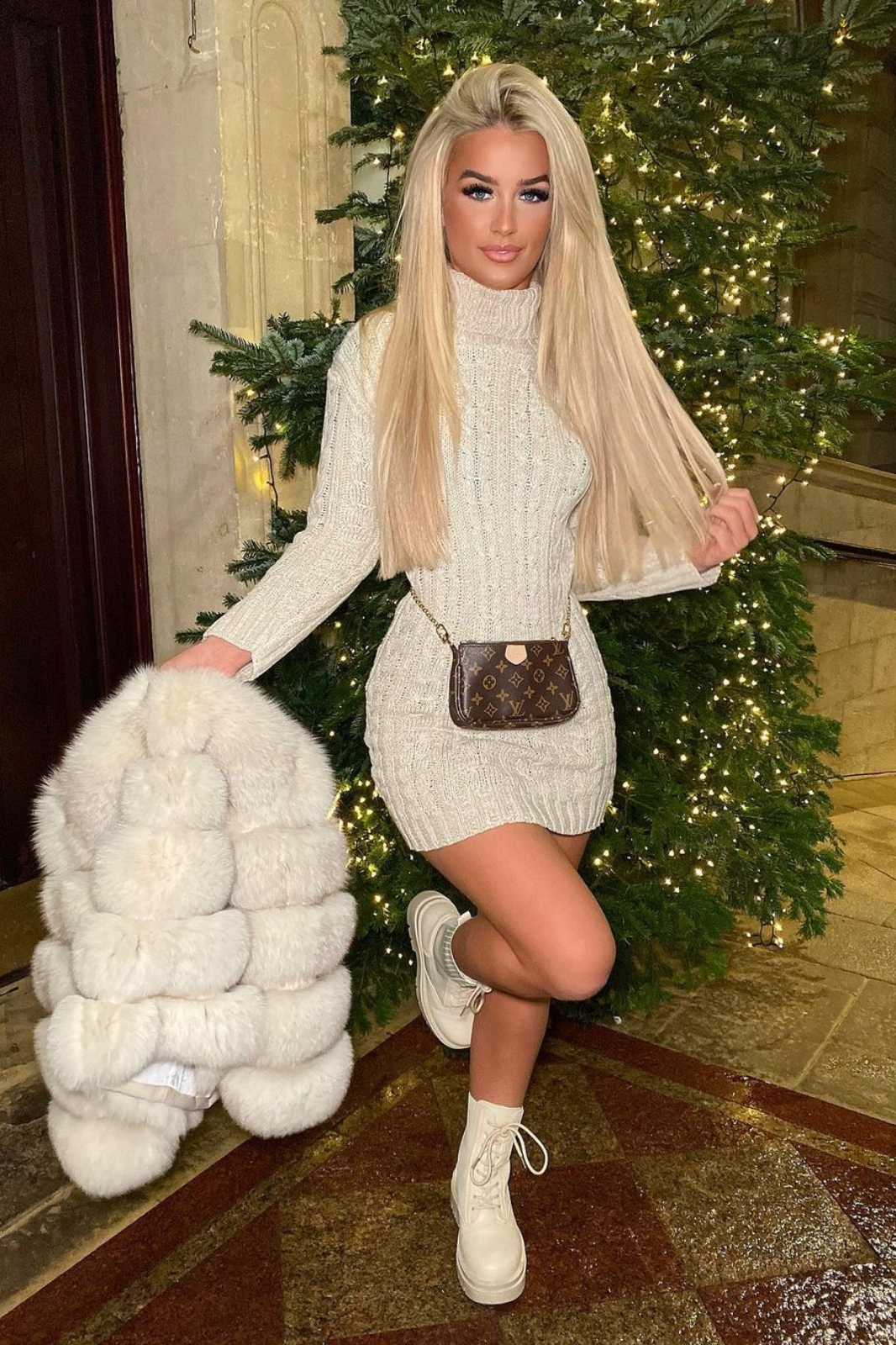 Lara Cream Cable Knit Roll Neck Jumper Dress