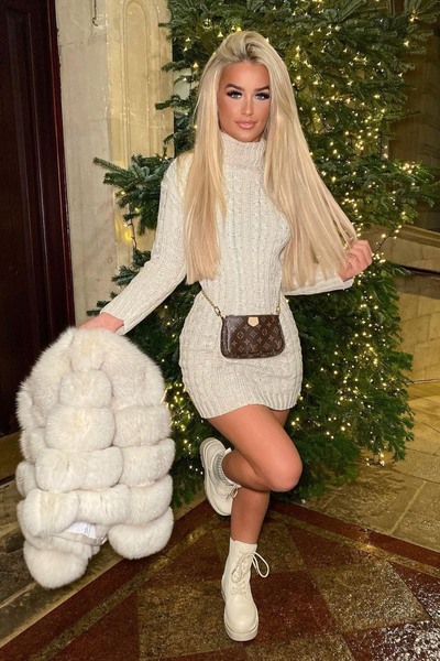 Lara Cream Cable Knit Roll Neck Jumper Dress