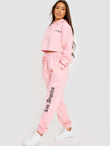 Los Angeles Cropped Hoodie & Jogger Fleece Co-ord In Pink
