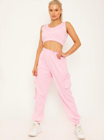 Fleeced Crop Top & Cargo Jogger Co-ord In Pink