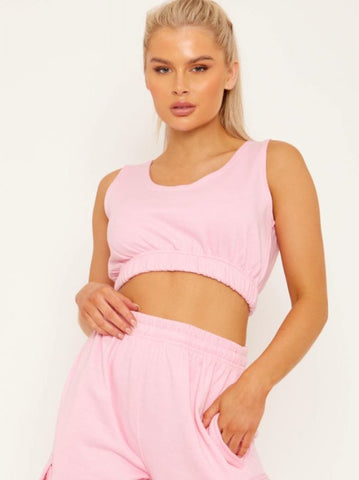 Fleeced Crop Top & Cargo Jogger Co-ord In Pink