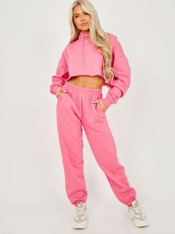 Raw Hem Cropped Hoodie & Jogger Fleece Co-ord In Fuchsia