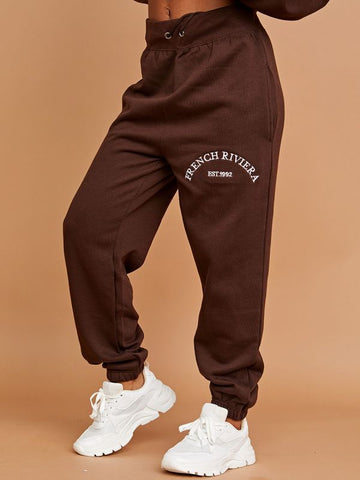 Embroidered French Riviera Hooded Fleece Co-ord In Chocolate