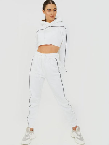 Piping Detail Cropped Hoodie & Jogger Co-ord In White