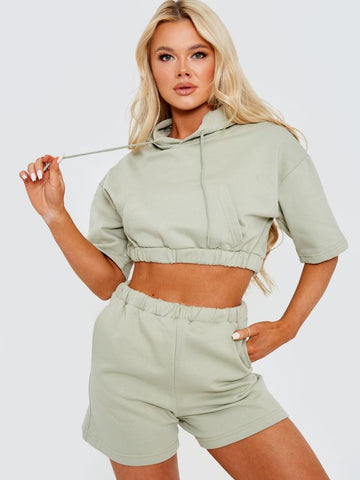 Cropped Hoodie & Shorts Fleece Co-ord In Green