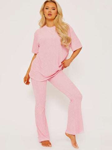 Towelling Fabric Oversized Top & Flare Trouser Co-ord In Pink