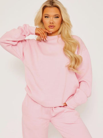 Oversized Plain Sweatshirt & Jogger Fleeced Co-ord In Pink