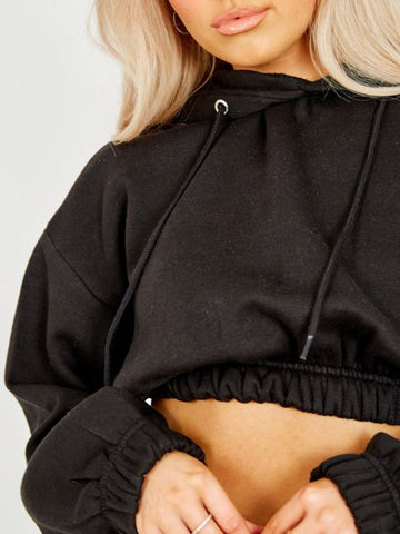 Fleeced Cropped Hoodie & Jogger Co-ord In Black
