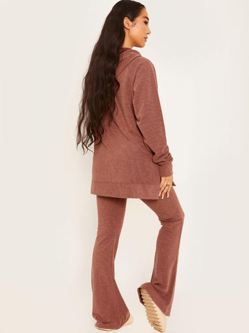 Ribbed Hooded Top & Flared Trouser Co-ord In Chocolate