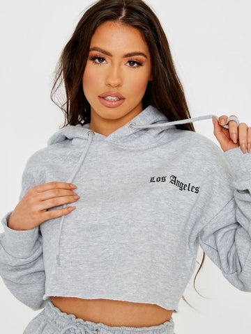 Los Angeles Cropped Hoodie & Jogger Fleece Co-ord In Grey