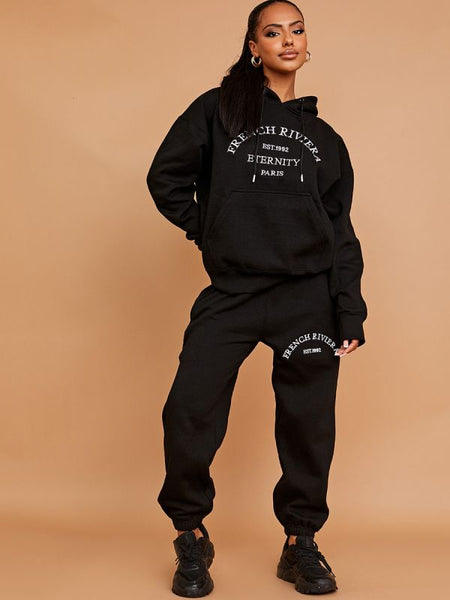 Embroidered French Riviera Hooded Fleece Co-ord In Black