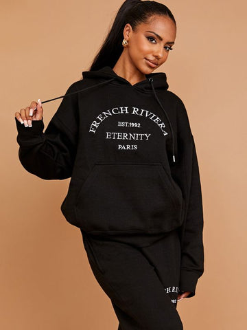 Embroidered French Riviera Hooded Fleece Co-ord In Black