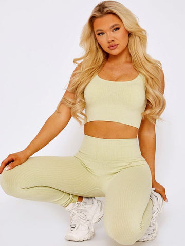 Padded Sports Bra and Legging Ribbed Activewear Set In Green