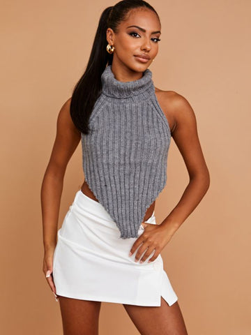 Halter Roll Neck Asymmetric Hem Knitted