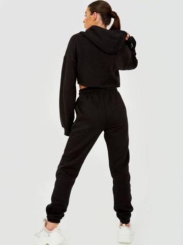Piping Detail Cropped Hoodie & Jogger Co-ord In Black