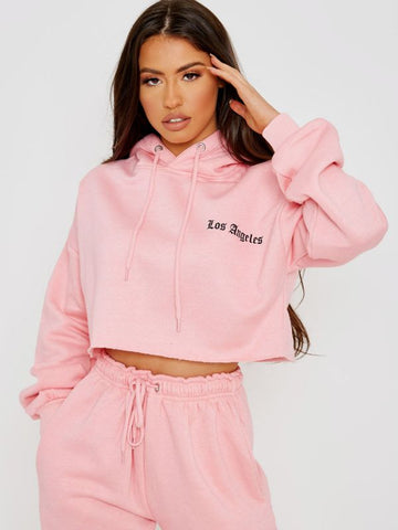 Los Angeles Cropped Hoodie & Jogger Fleece Co-ord In Pink