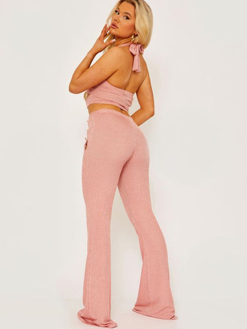 Jenna Ribbed Cut Out Detail Halter Crop Top and Trouser Co-ord In Rose