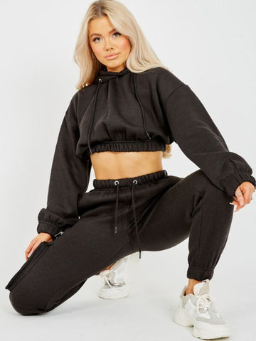 Fleeced Cropped Hoodie & Jogger Co-ord In Black