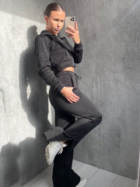 Zipped Hooded Top & Split Trouser Fleece Co-ord In Black