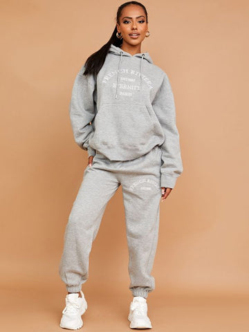 Embroidered French Riviera Hooded Fleece Co-ord In Grey