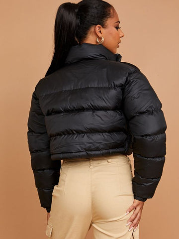 NYC Embroidered Cropped Puffer Jacket In Black