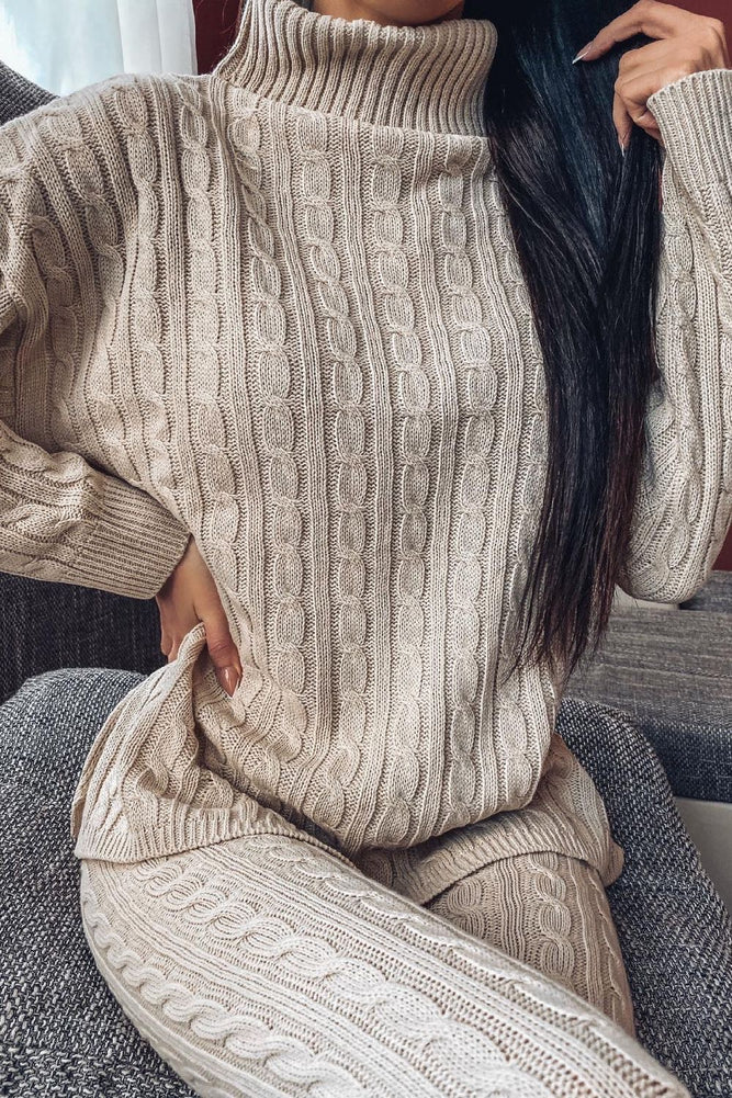 Beige Cable Knit Oversized Roll Neck Co-Ord