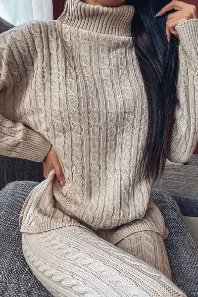 Beige Cable Knit Oversized Roll Neck Co-Ord