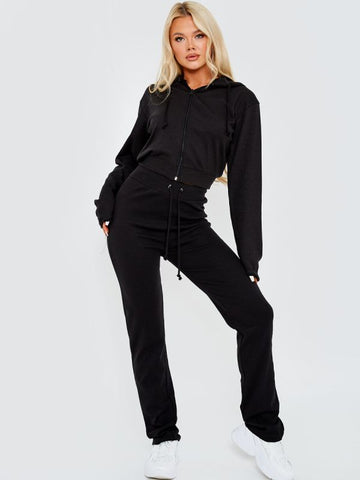 Ribbed Zip Up Hoodie & Trouser Co-ord In Black