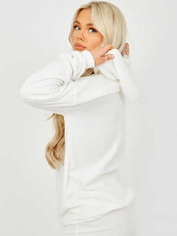 Towelling Hooded Top & Trouser Co-ord In Cream