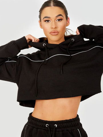 Piping Detail Cropped Hoodie & Jogger Co-ord In Black