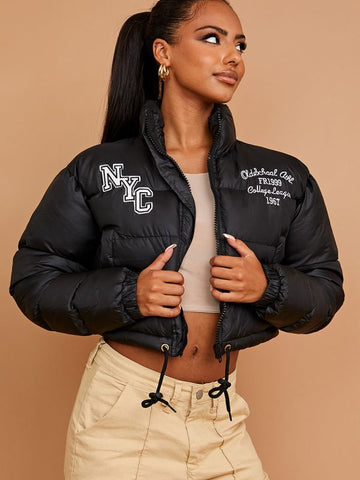 NYC Embroidered Cropped Puffer Jacket In Black