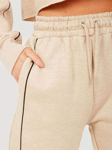 Piping Detail Cropped Hoodie & Jogger Co-ord In Stone