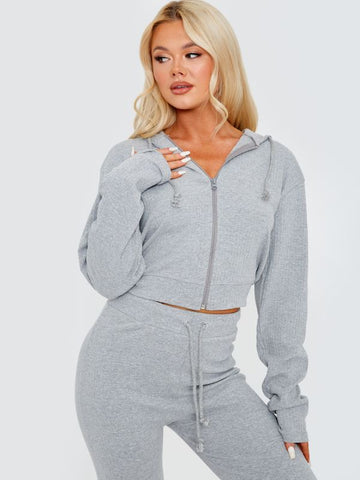 Ribbed Zip Up Hoodie & Trouser Co-ord In Grey