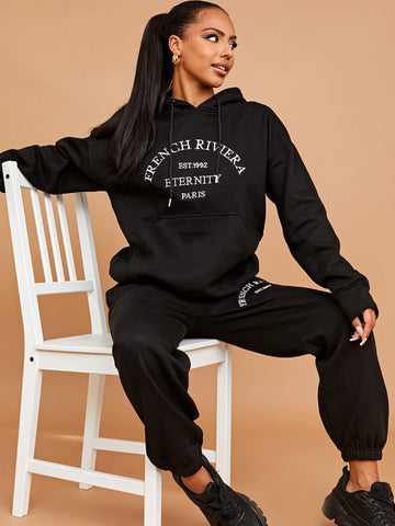 Embroidered French Riviera Hooded Fleece Co-ord In Black