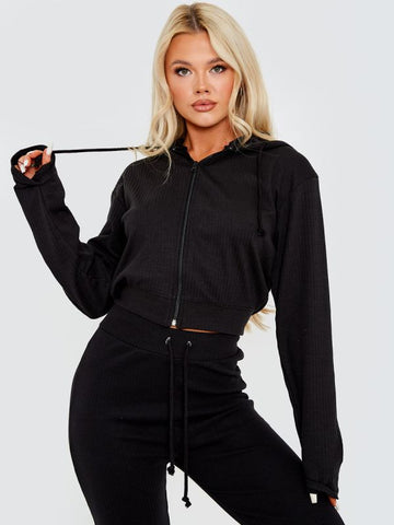 Ribbed Zip Up Hoodie & Trouser Co-ord In Black