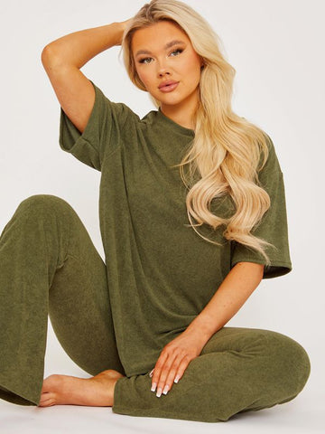 Towelling Fabric Oversized Top & Flare Trouser Co-ord In Khaki