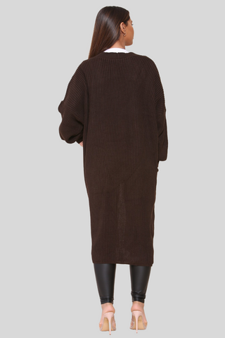 Brown Baloon Sleeve Knitted Cardigan