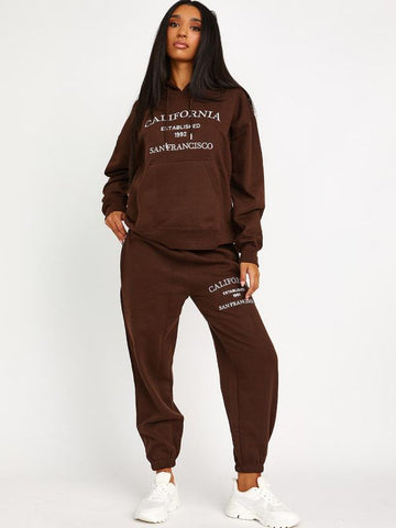 Embroidered California Hooded Fleece Co-ord In Chocolate